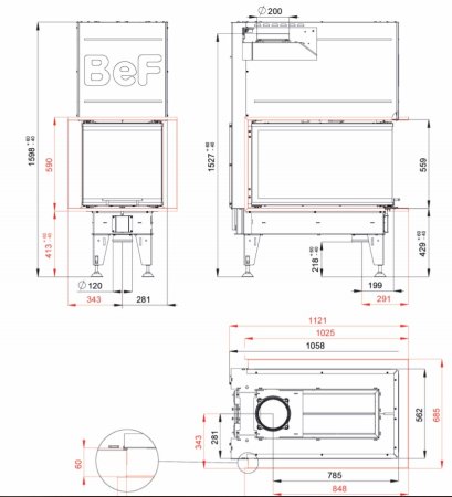 Teplovzdušná krbová vložka BEF THERM V 8 U,  třístranné sklo do tvaru U s výsuvem